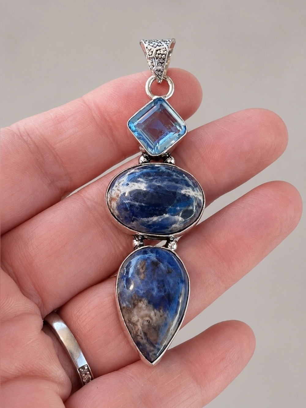 Handcrafted Blue Topaz & Sodalite Gemstone Sterling Silver 2.8” Pendant